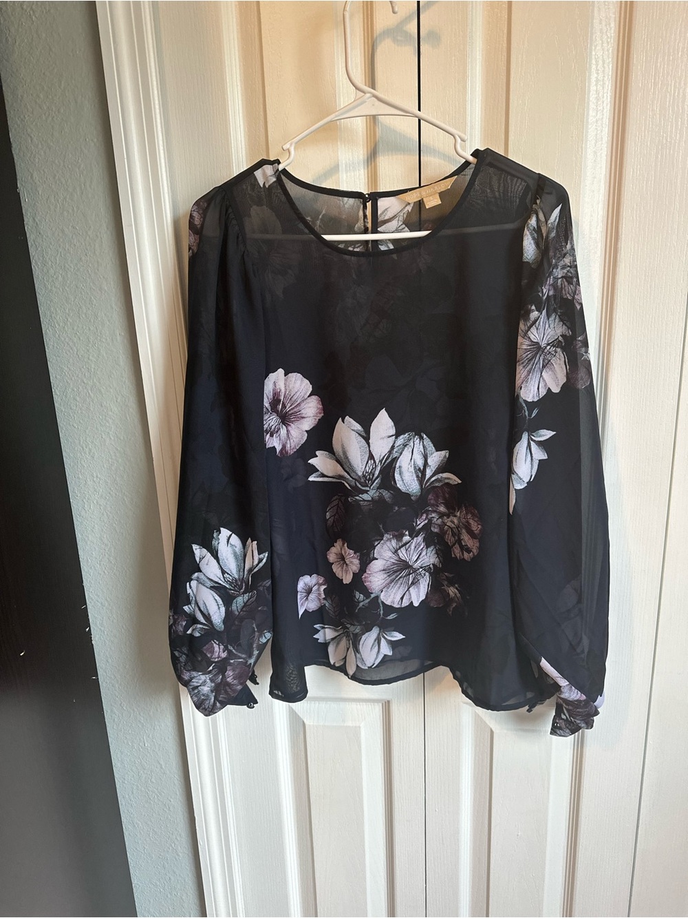 Black Sheer Floral Blouse with Soft Pink Blooms
